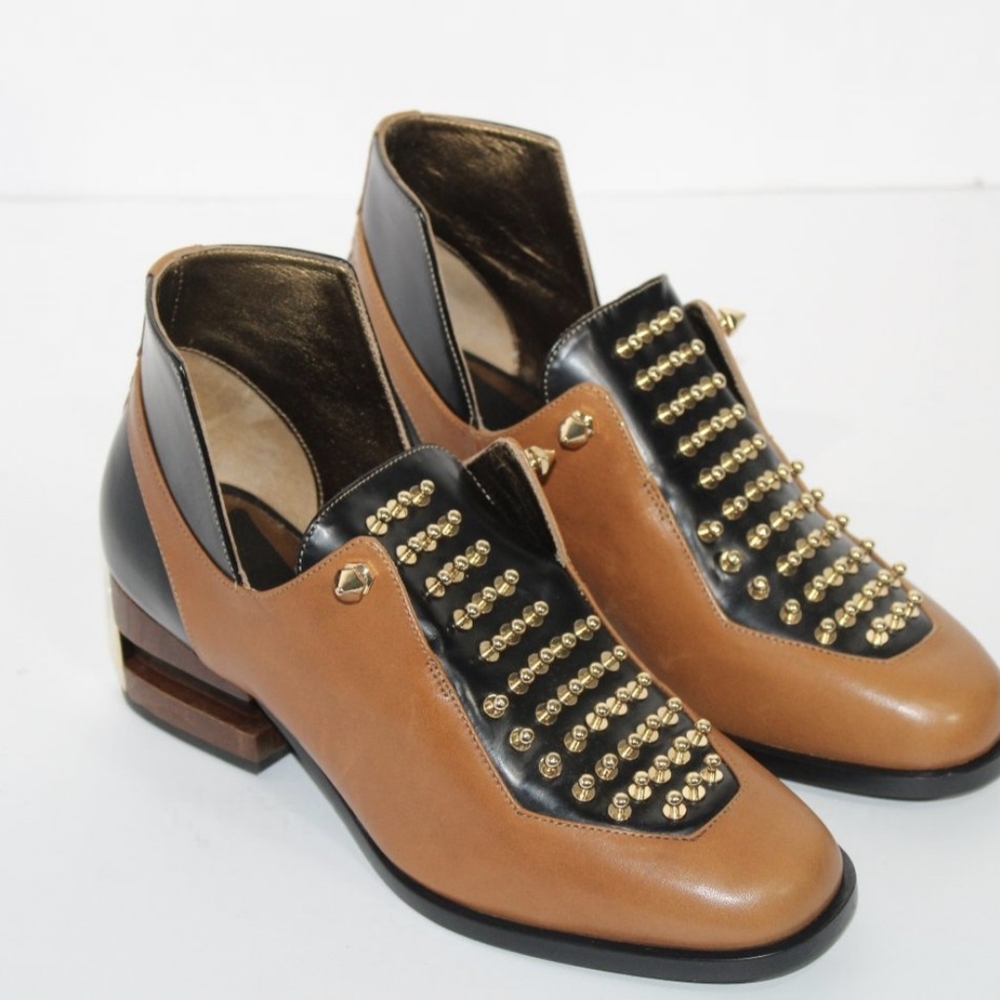 Fleur et Rosee Italian Leather Spiked Loafer Heels